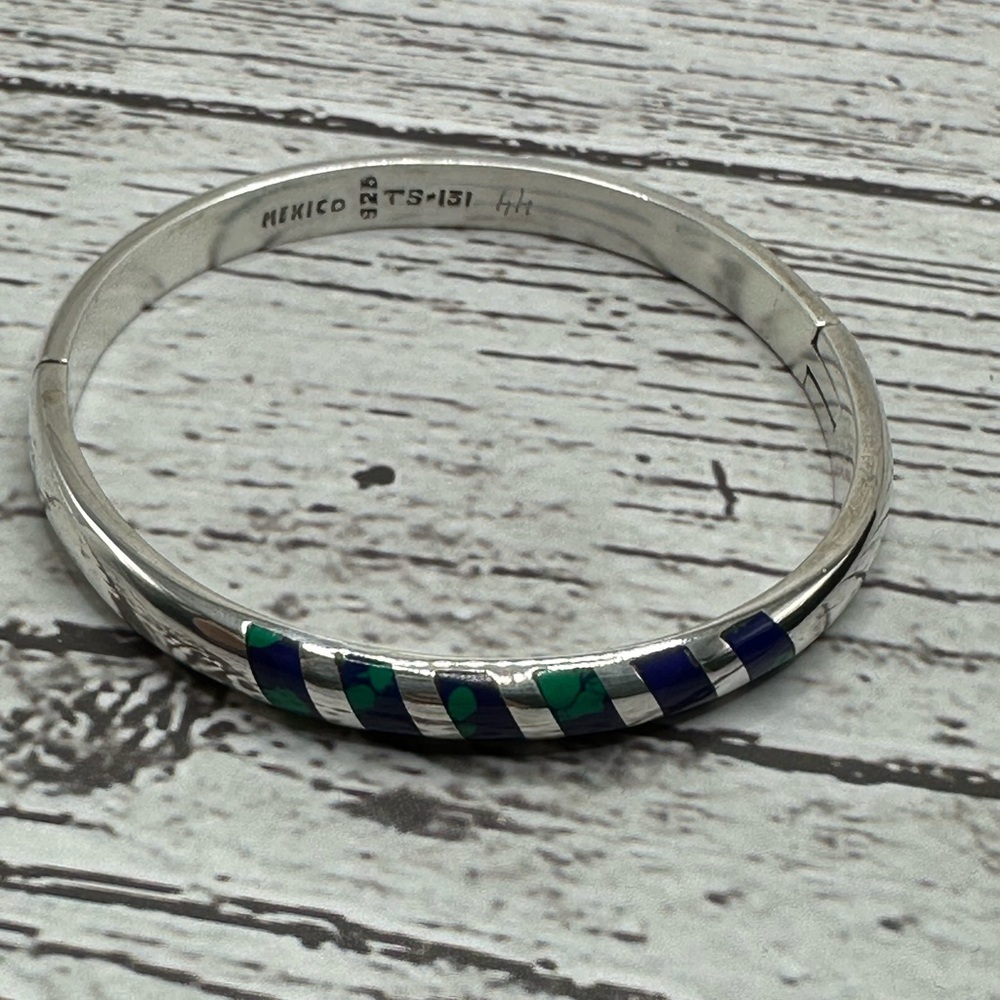 Taxco Silver Hinged Bracelet Azurite Stone with Blue and Green Details